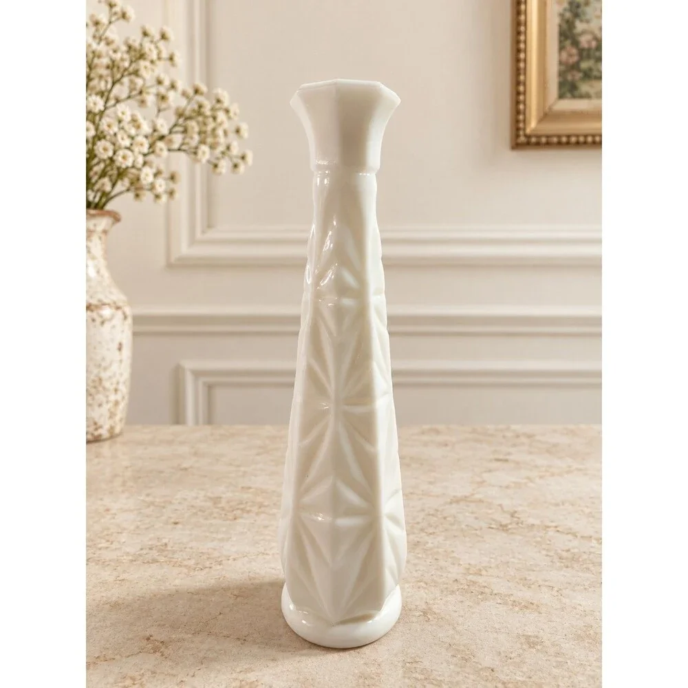 Vintage White Milk Glass Bud Vase With Geometric Starburst Pattern 9-Inch Tall